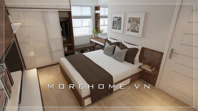 Giường ngủ chung cư được thiết kế theo phong cách hiện đại, trẻ trung, kết hợp tab liền kề tạo sự thuận tiện cho gia chủ trong quá trình sử dụng